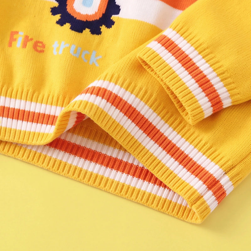 Boys Yellow Sweater With Self-Design Fire Truck Pattern Sweaters & Cardigans