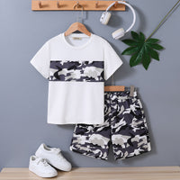 Boys White Short Sleeve Camouflage Printed T-Shirt With Shorts Set 2 pc. Sets