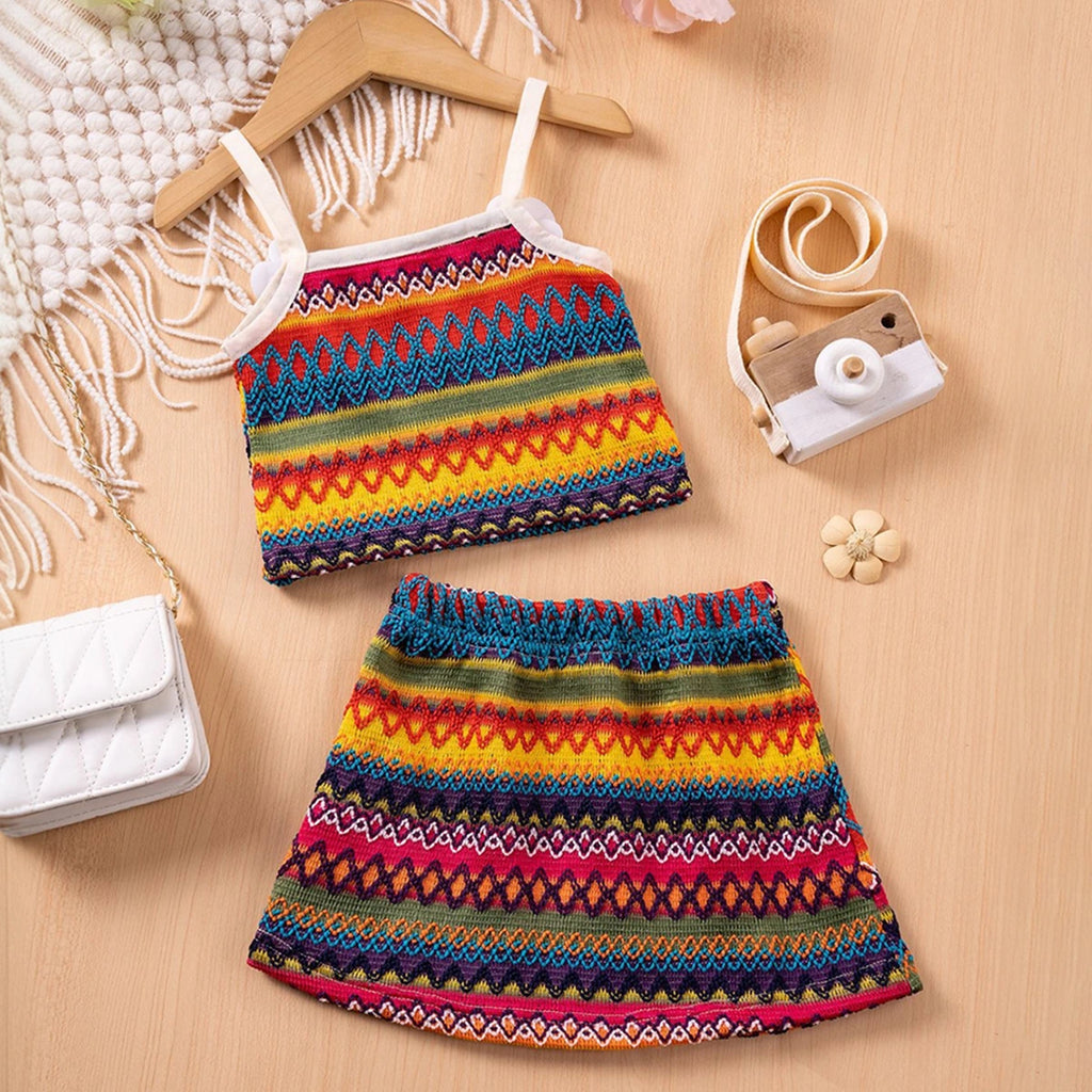 Girls Multicolor Stripes Sleeveless Crop Top With Skirt Co-ord Sets Sets
