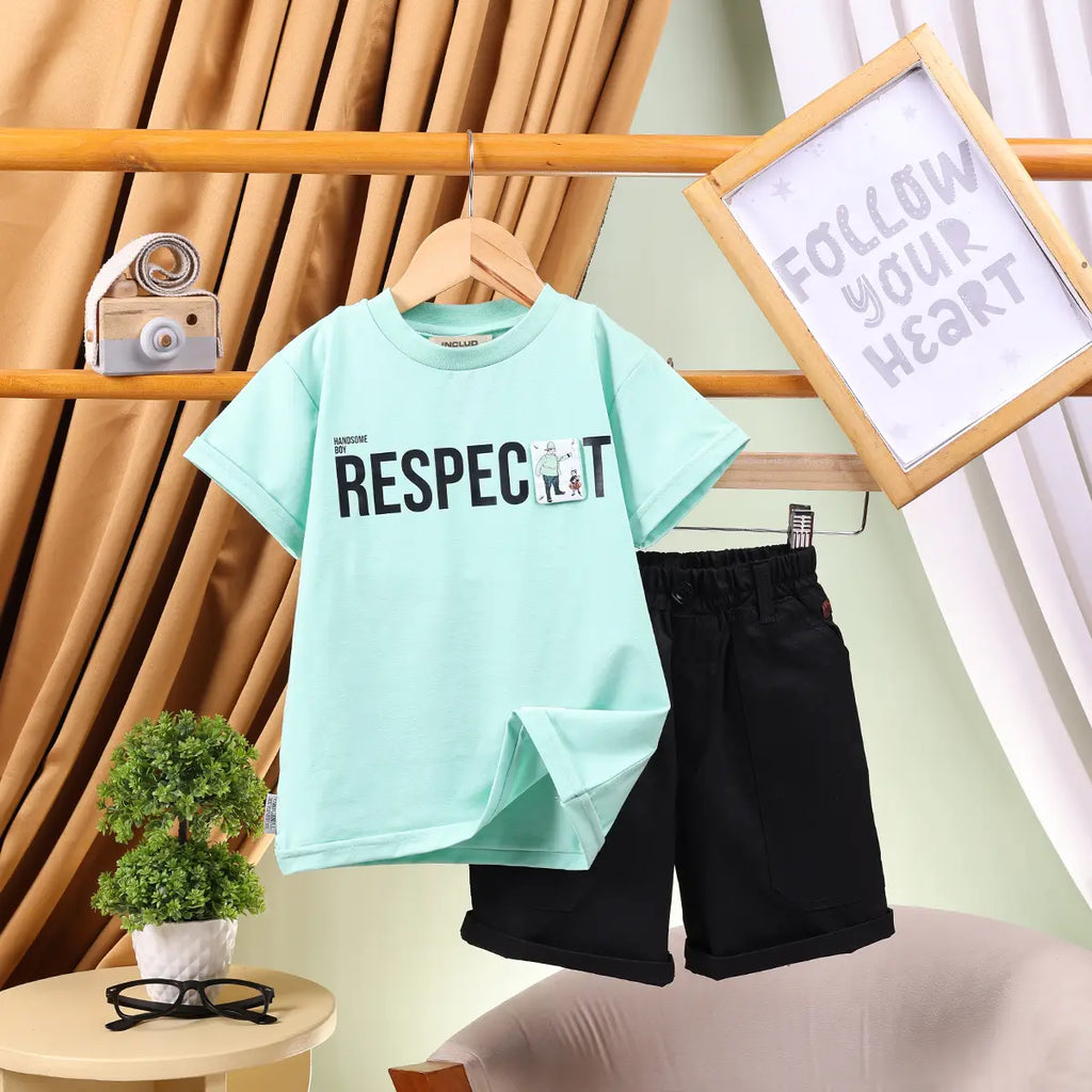 Boys Green Typographic T-Shirt With Elasticated Shorts Sets 2 pc. Sets Green 2-3 Y