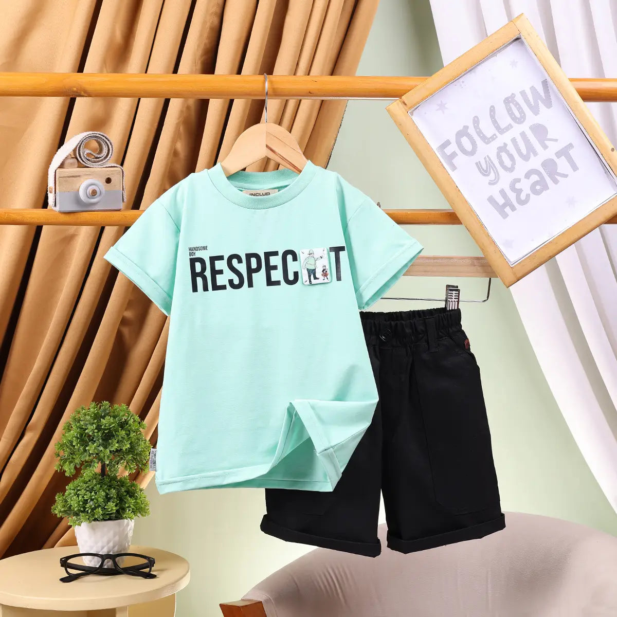 Boys Green Typographic T-Shirt With Elasticated Shorts Sets 2 pc. Sets Green 2-3 Y