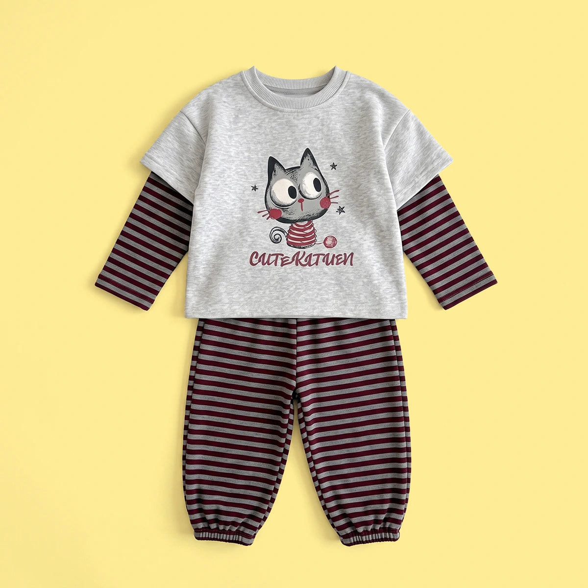 Girls Grey Graphic T-Shirt With Striped Pants Sets Sets Grey 1-2 Y