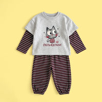 Girls Grey Graphic T-Shirt With Striped Pants Sets Sets Grey 1-2 Y