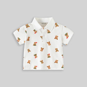 Boys White Teddy Bear Printed Short Sleeve Polo T-Shirt Tshirts