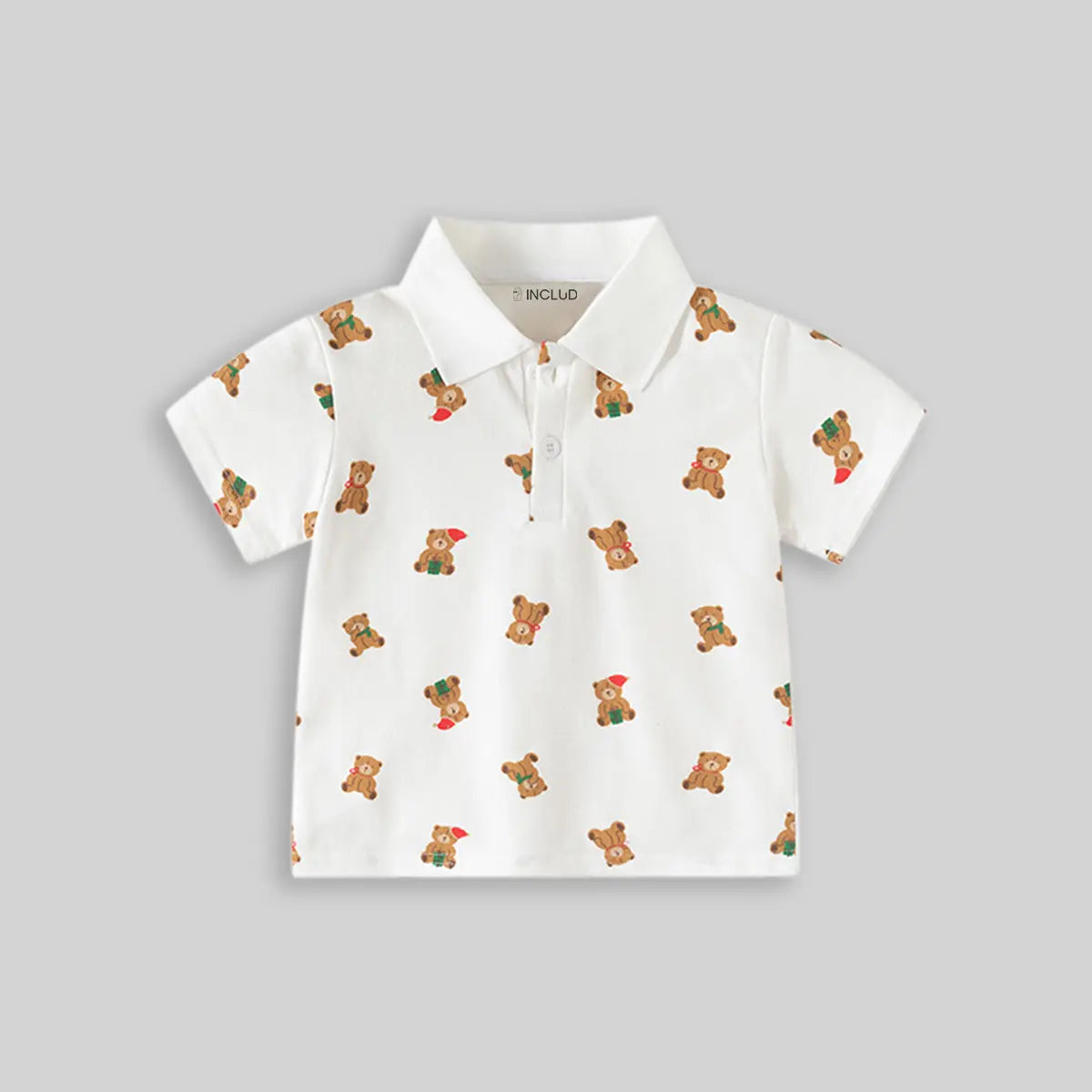 Boys White Teddy Bear Printed Short Sleeve Polo T-Shirt Tshirts
