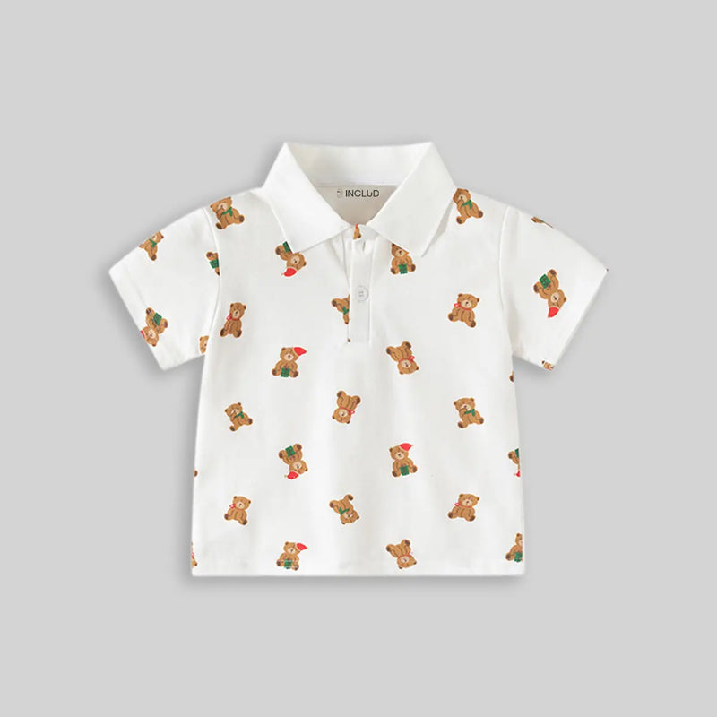Boys White Teddy Bear Printed Short Sleeve Polo T-Shirt Tshirts
