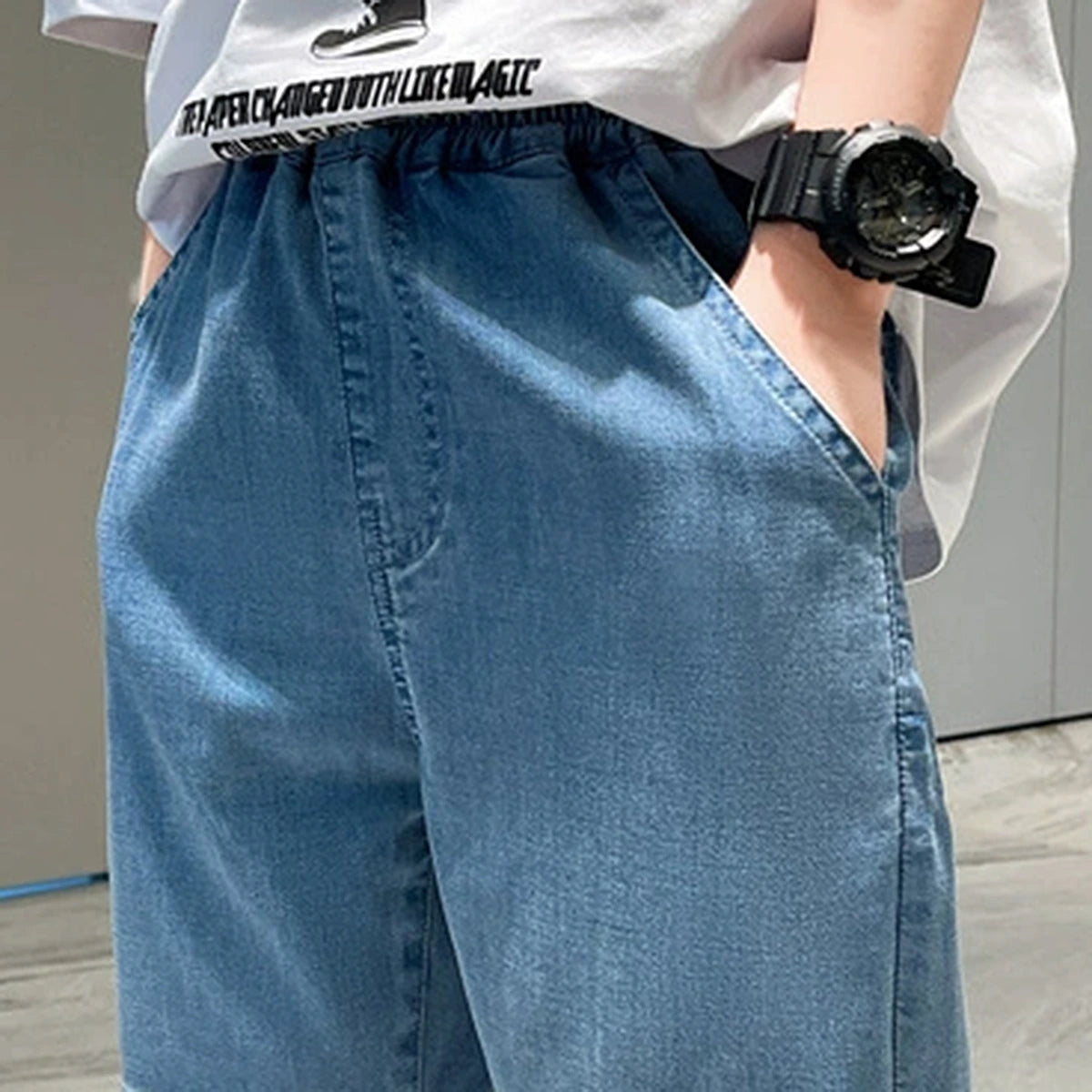 Boys Blue Elasticated Waist Baggy Fit Denim Jeans Pants