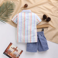 Boys Blue Stripes Shirt With Printed T-Shirt & Twill Shorts Sets 3 pc. Sets