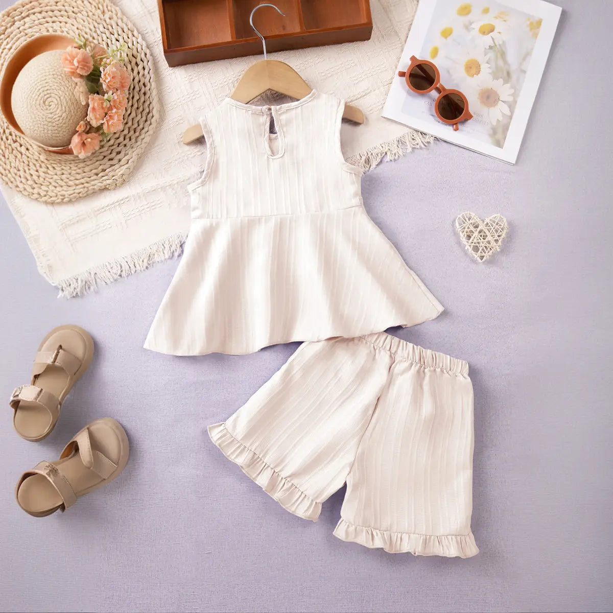 Girls Apricot Stripes Sleeveless Top With Ruffle Hem Shorts Co-ord Sets Sets
