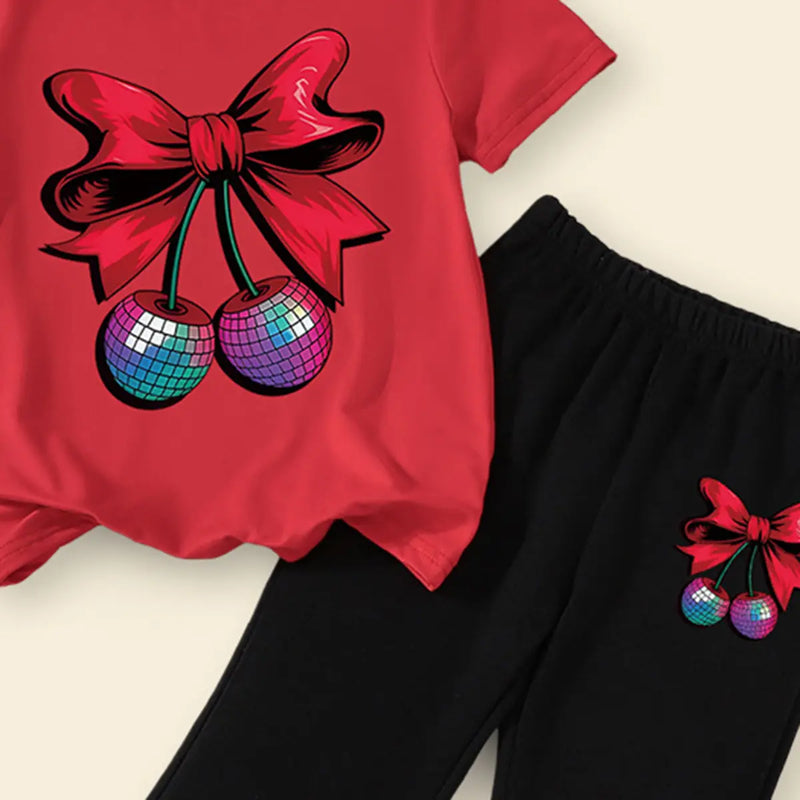 Girls Red Bow & Cherry Printed T-Shirt With Flared Pants Sets Sets