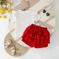 Girls Graphics Short Sleeves Top With Red Ruffled Shorts Set Sets