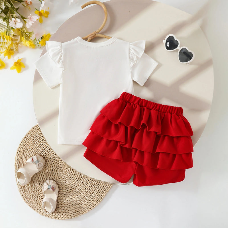 Girls Graphics Short Sleeves Top With Red Ruffled Shorts Set Sets