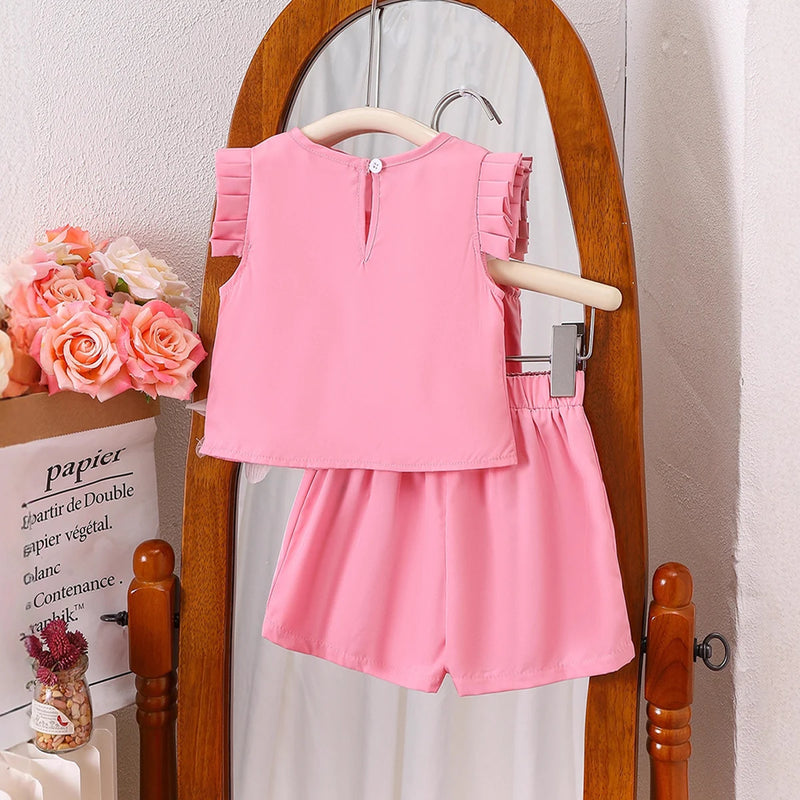 Girls Pink Flower Applique Flutter Sleeve Top With Shorts Sets 2 pc. Sets
