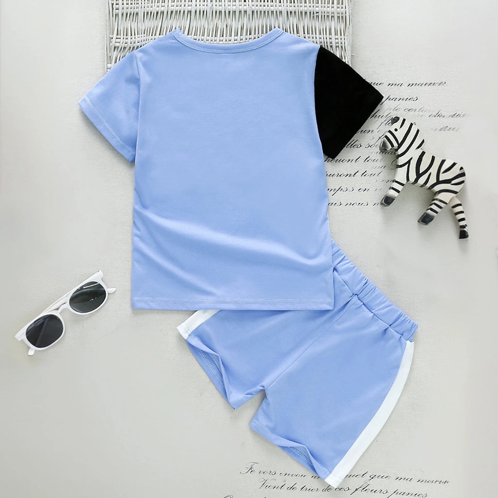 Boys Light Blue Colourblocked Short Sleeve T-Shirt With Shorts Sets 2 pc. Sets