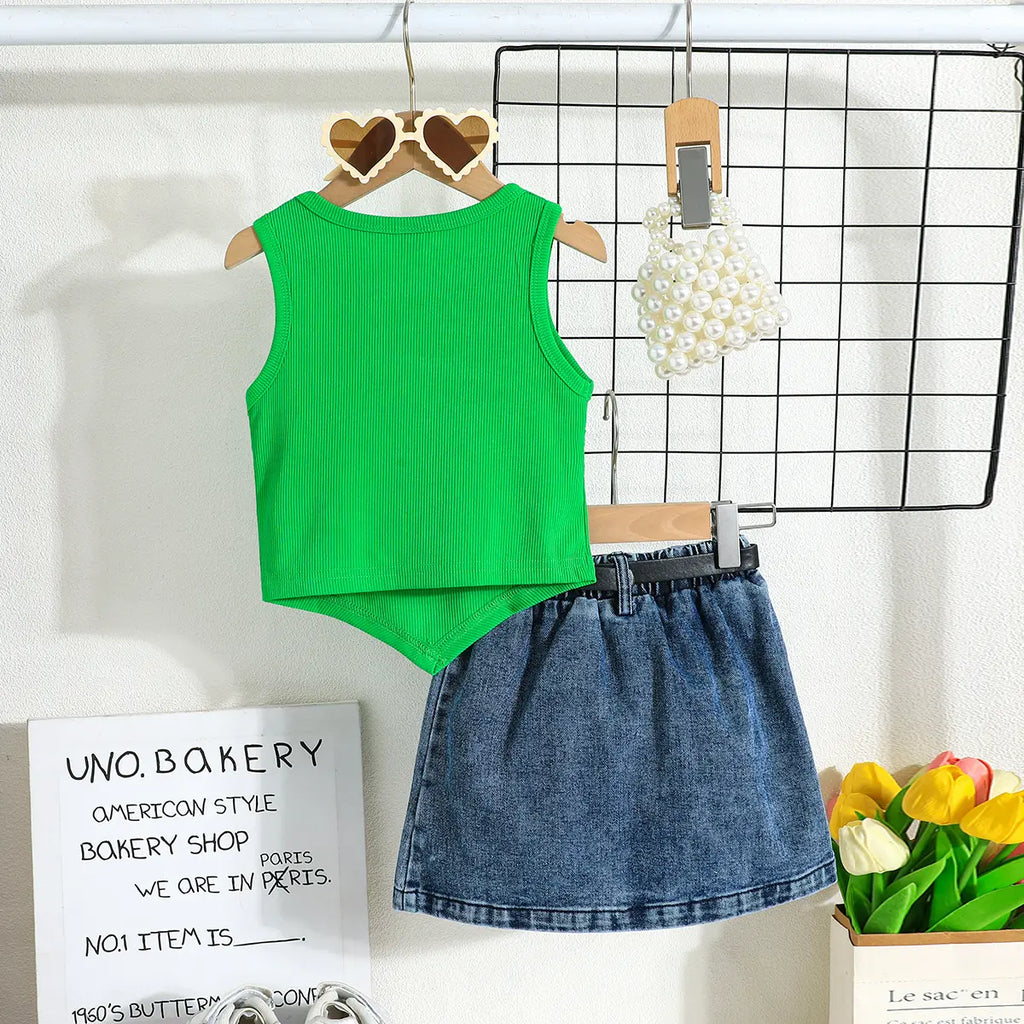 Girls Green Embellished Ribbed Sleeveless Top With Denim Skirt Sets Sets