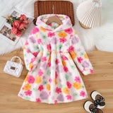 Girls Multicolor Floral Print Hooded Fleece Dress