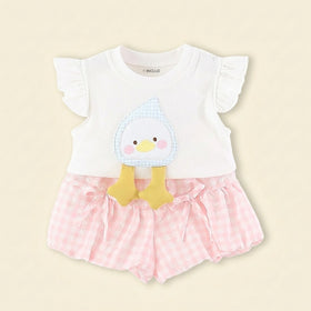 Girls White Duck Applique Top With Checked Shorts Sets Sets