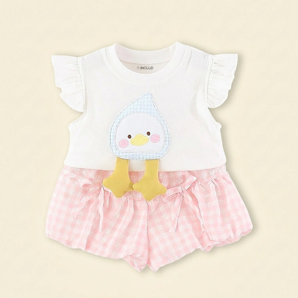 Girls White Duck Applique Top With Checked Shorts Sets Sets