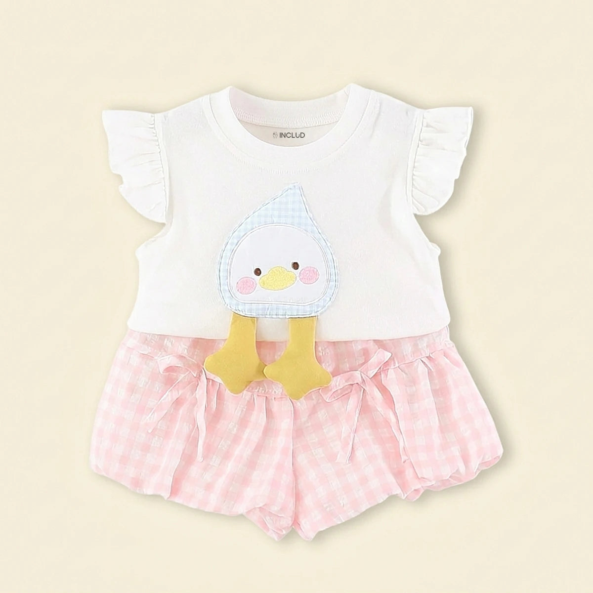 Girls White Duck Applique Top With Checked Shorts Sets Sets