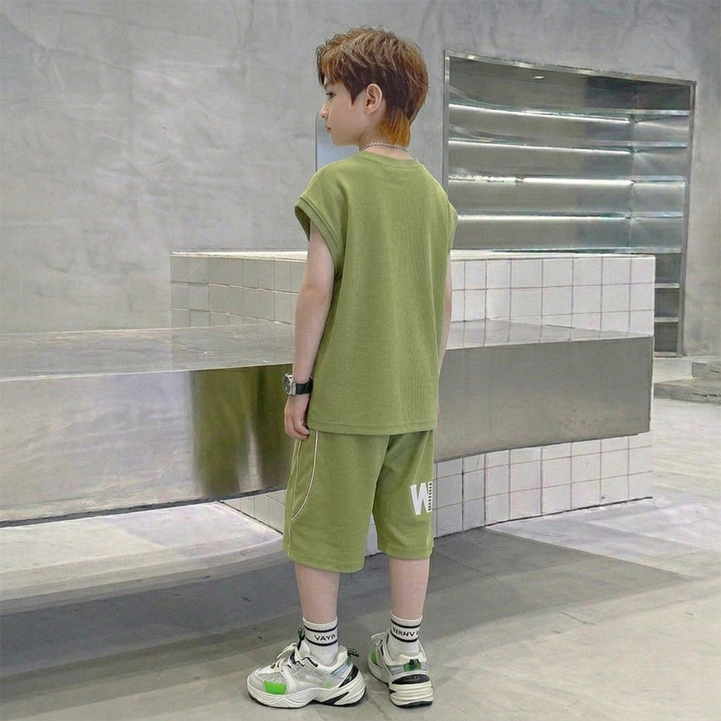 Boys Olive Green Graphic Sleeveless T-Shirt With Elasticated Long Shorts Sets Sets