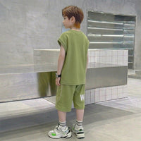 Boys Olive Green Graphic Sleeveless T-Shirt With Elasticated Long Shorts Sets Sets