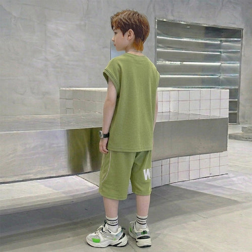 Boys Olive Green Graphic Sleeveless T-Shirt With Elasticated Long Shorts Sets Sets