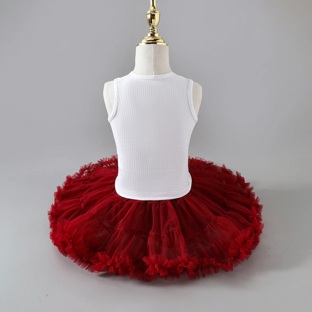 Girls Flower Applique Top With Maroon Tiered Tulle Skirts Set Sets
