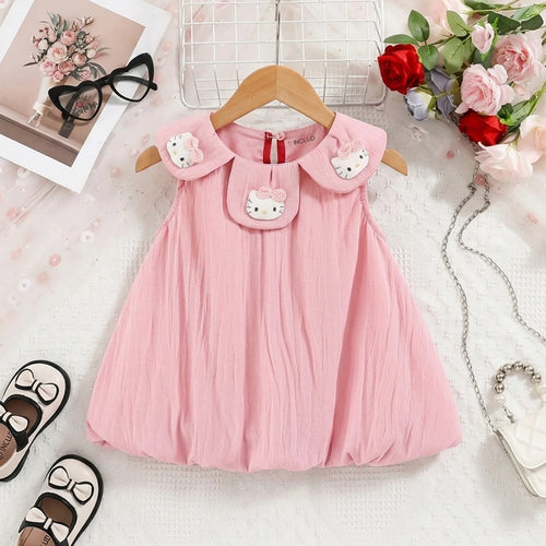 Girls Pink Kitty Applique Peter Pan Collar Balloon Dress Casual Dresses Pink 1-2 Y