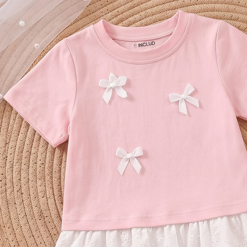 Girls Pink Short Sleeve Bow Applique T-Shirt With Pants Sets 2 pc. Sets