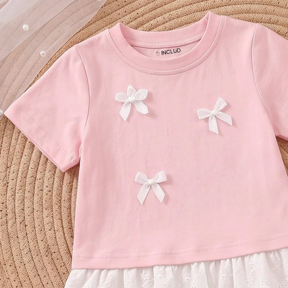 Girls Pink Short Sleeve Bow Applique T-Shirt With Pants Sets 2 pc. Sets