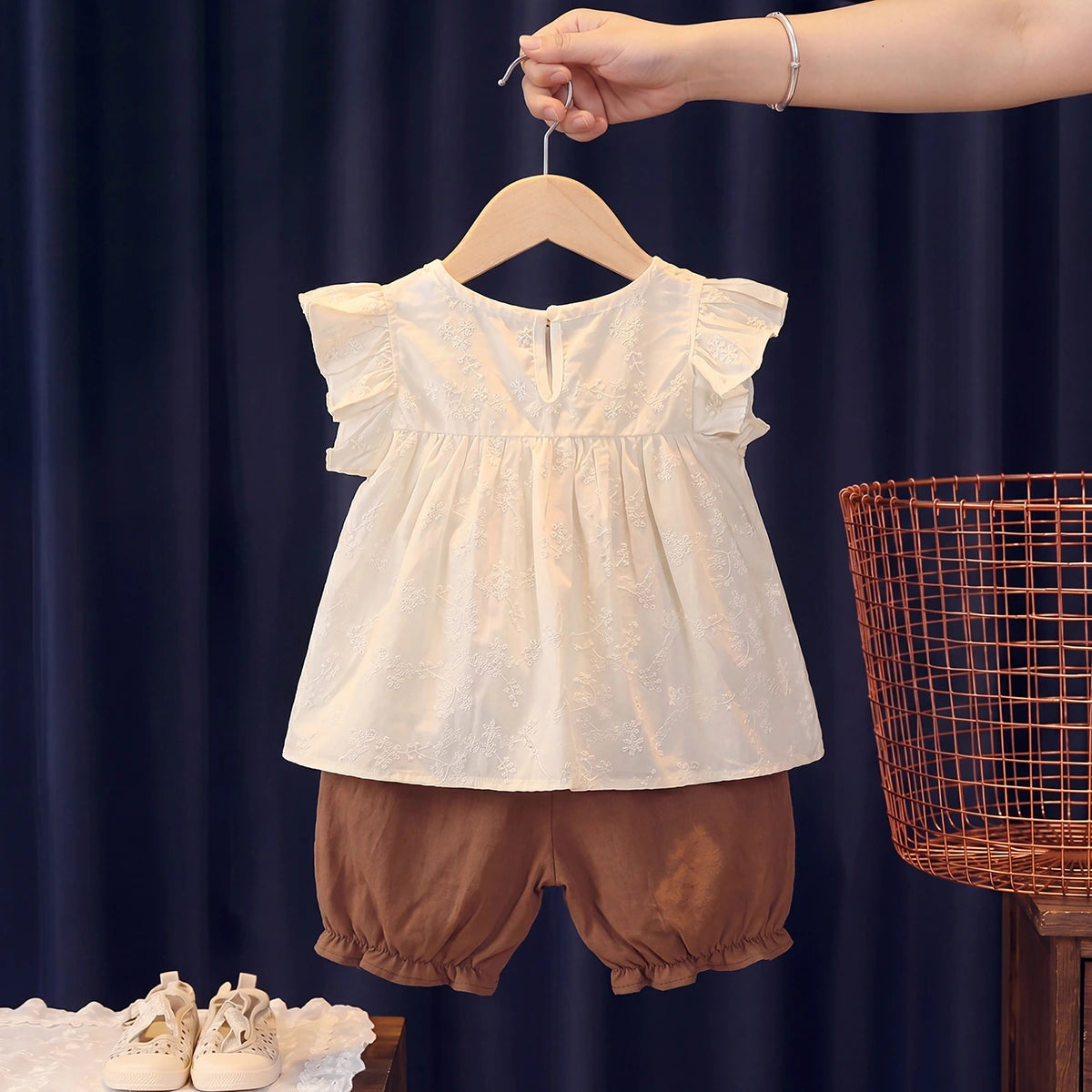 Girls Off White Schiffli Embroidered Top With Shorts Sets 2 pc. Sets