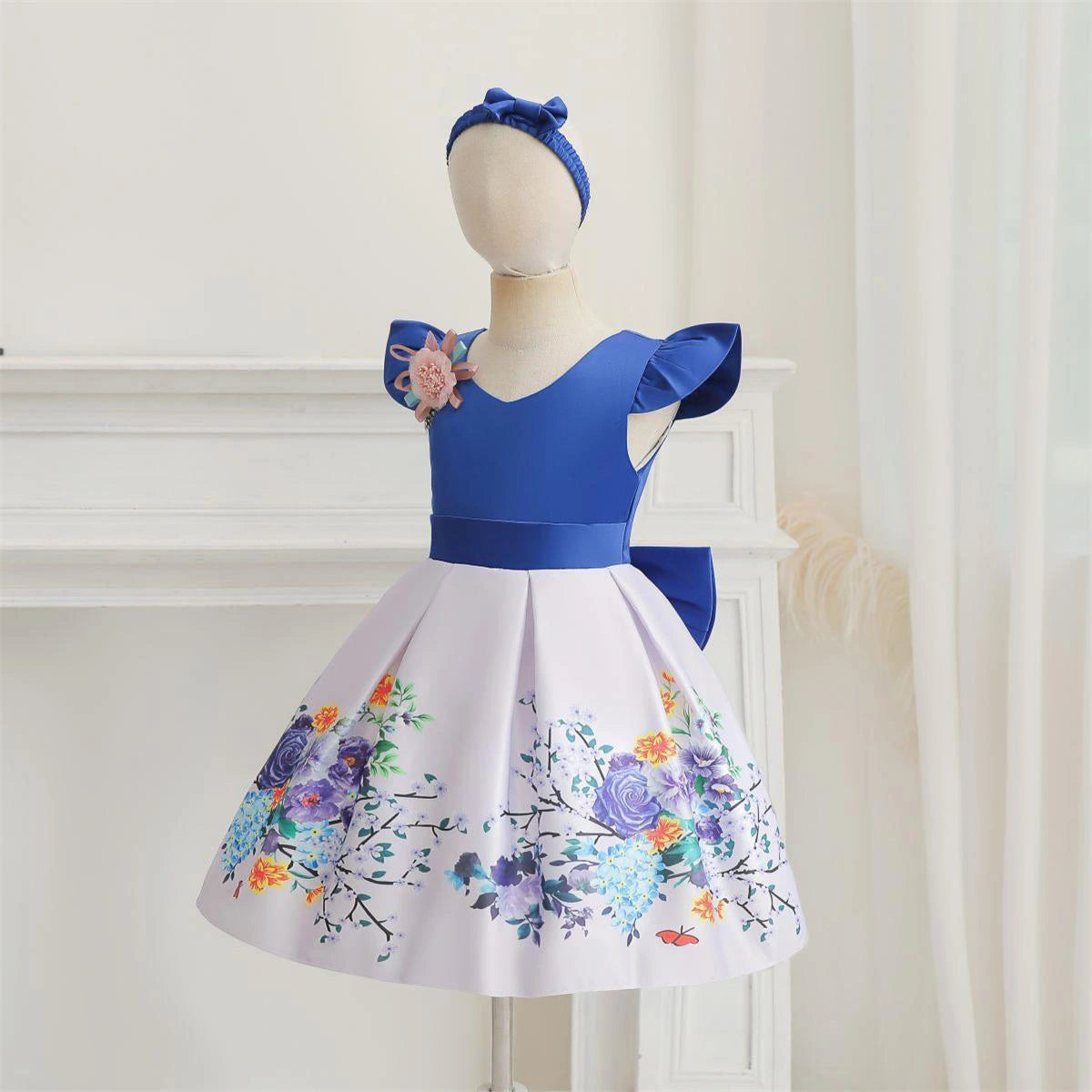 Girls Blue Floral Print Flutter Sleeve Fit & Flare Party Wear Dress Party Dresses