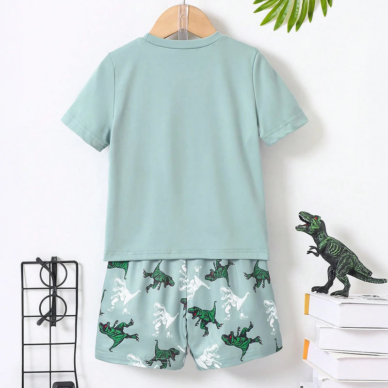 Boys Light Green Dinosaur Graphic Short Sleeve T-Shirt With Shorts Sets 2 pc. Sets