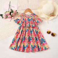 Girls Red Tropical Printed Fit & Flare Dress With Ruffle Detailing Casual Dresses Red 1-2 Y