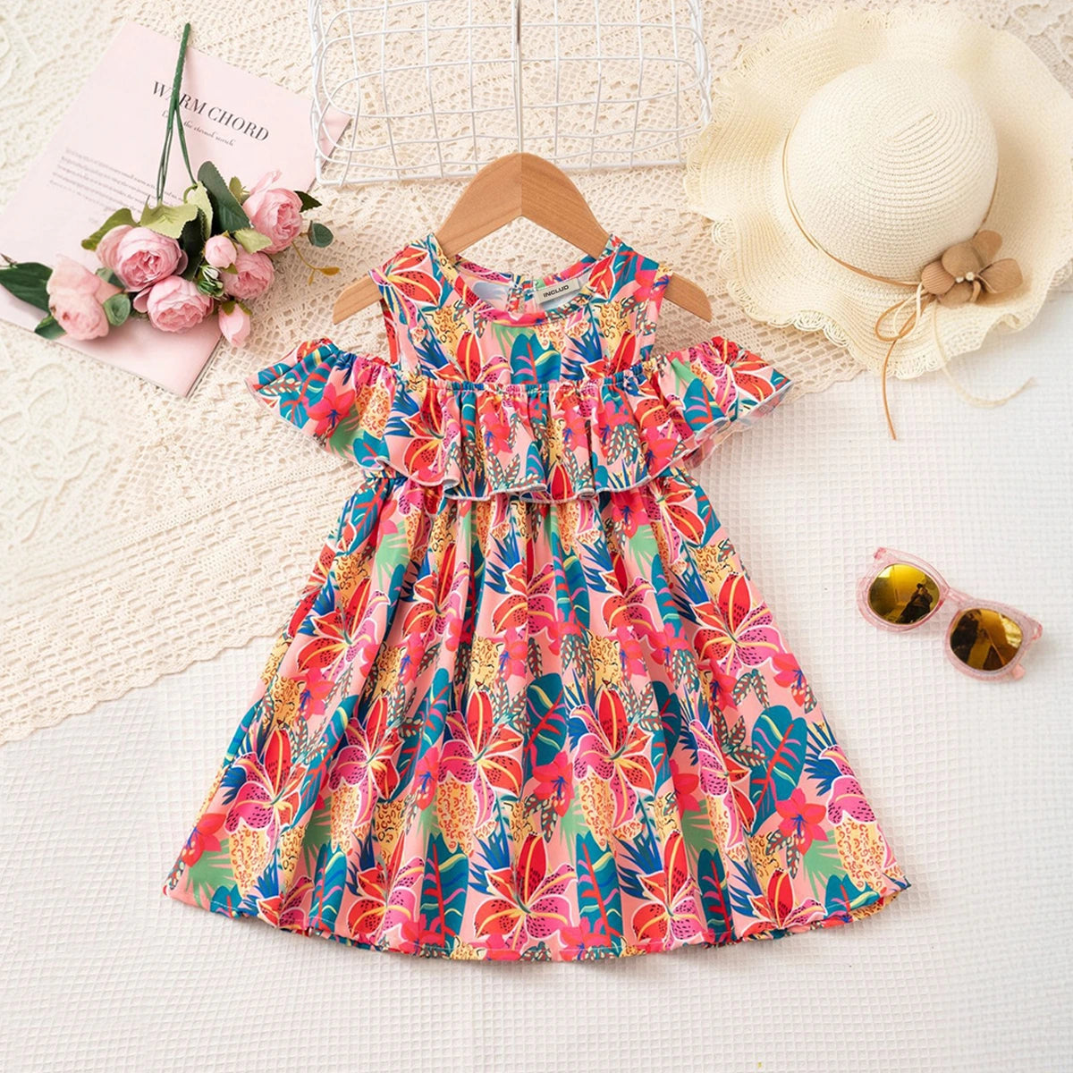 Girls Red Tropical Printed Fit & Flare Dress With Ruffle Detailing Casual Dresses Red 1-2 Y