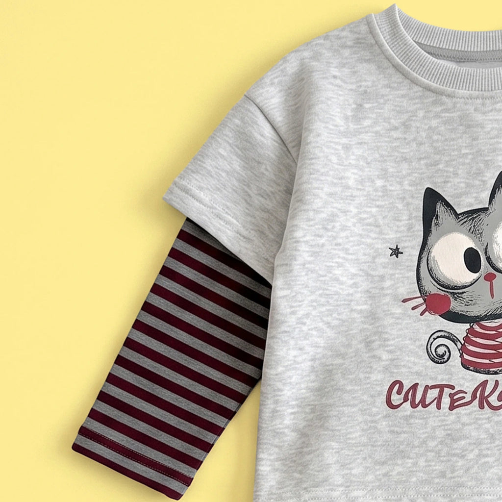 Girls Grey Graphic T-Shirt With Striped Pants Sets Sets