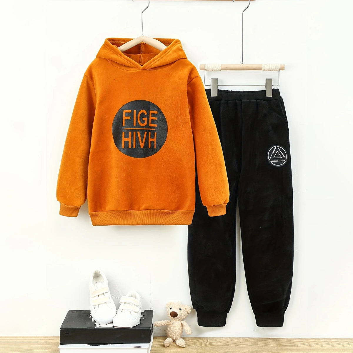 Boys Yellow Typographic Printed Hoodie With Sleeveless Jacket & Jogger Sets Sets