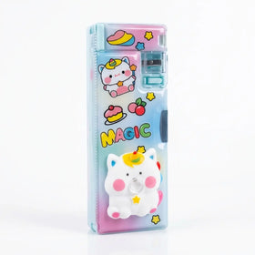 Unicorn Cat Cartoon Magnetic Pencil Box with Sharpener Cute Kids Stationery Organizer Trending Accessories Blue Onesize