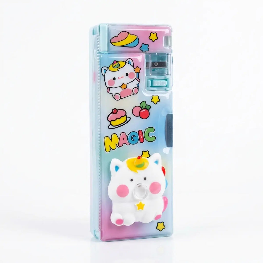 Unicorn Cat Cartoon Magnetic Pencil Box with Sharpener Cute Kids Stationery Organizer Trending Accessories Blue Onesize