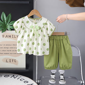 Girls Green Polka Dot Printed Puff Sleeves Top With Capri Set 2 pc. Sets Green 1-2 Y