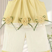 Girls Yellow Rose Applique Sleeveless Top With Pants Sets Sets