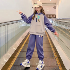 Girls Purple R Letter Printed Hooded Sweatshirt With Jogger Sets Sets