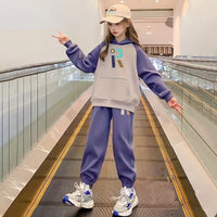 Girls Purple R Letter Printed Hooded Sweatshirt With Jogger Sets Sets
