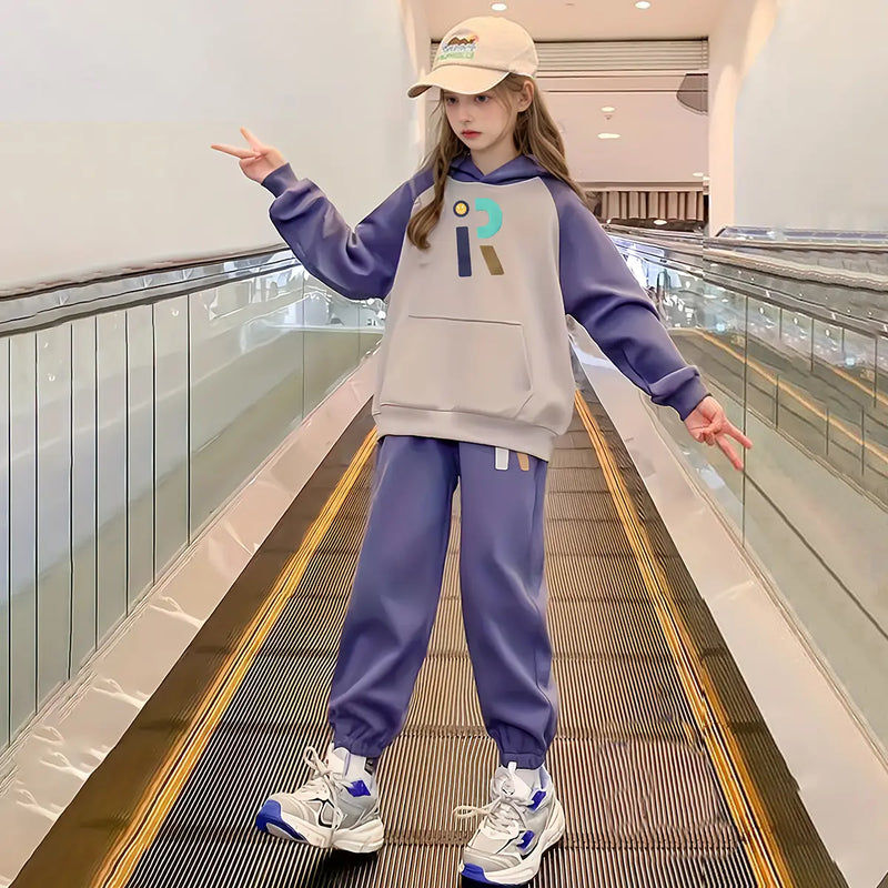 Girls Purple R Letter Printed Hooded Sweatshirt With Jogger Sets Sets