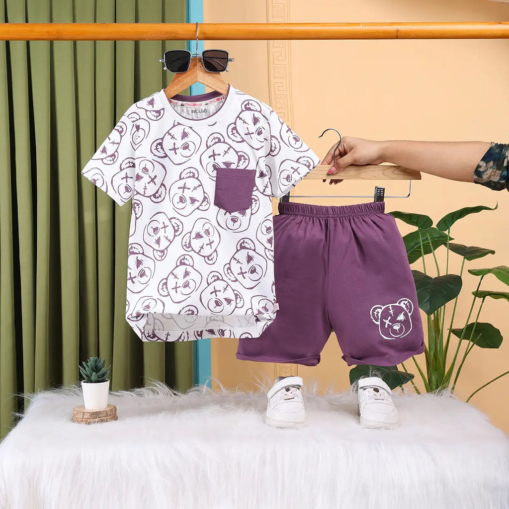 Boys Lavender Bear Print T-Shirt With Shorts Sets Sets Lavender 1-2 Y
