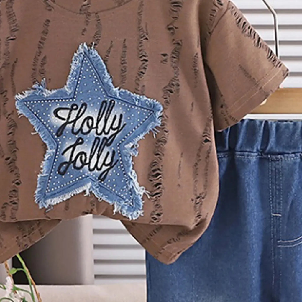Boys Dark Brown Distress Print Star Applique T-Shirt With Denim Shorts Sets Sets