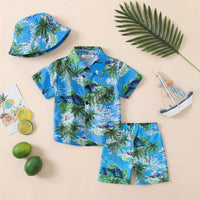 Boys Green Tropical Print Button-Down Shirt With Shorts & Hat Co-ord Sets Sets Green 2-3 Y