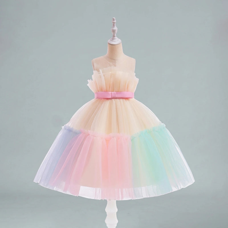 Girls Multicolor Sleeveless Tutu Partywear Dress With Back Bow Party Dresses Multicolor 1-2 Y