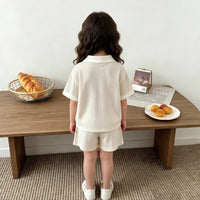 Girls Cream Textured Ribbed Polo T-Shirt With Shorts Sets 2 pc. Sets