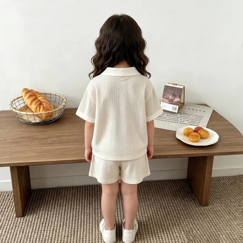 Girls Cream Textured Ribbed Polo T-Shirt With Shorts Sets 2 pc. Sets